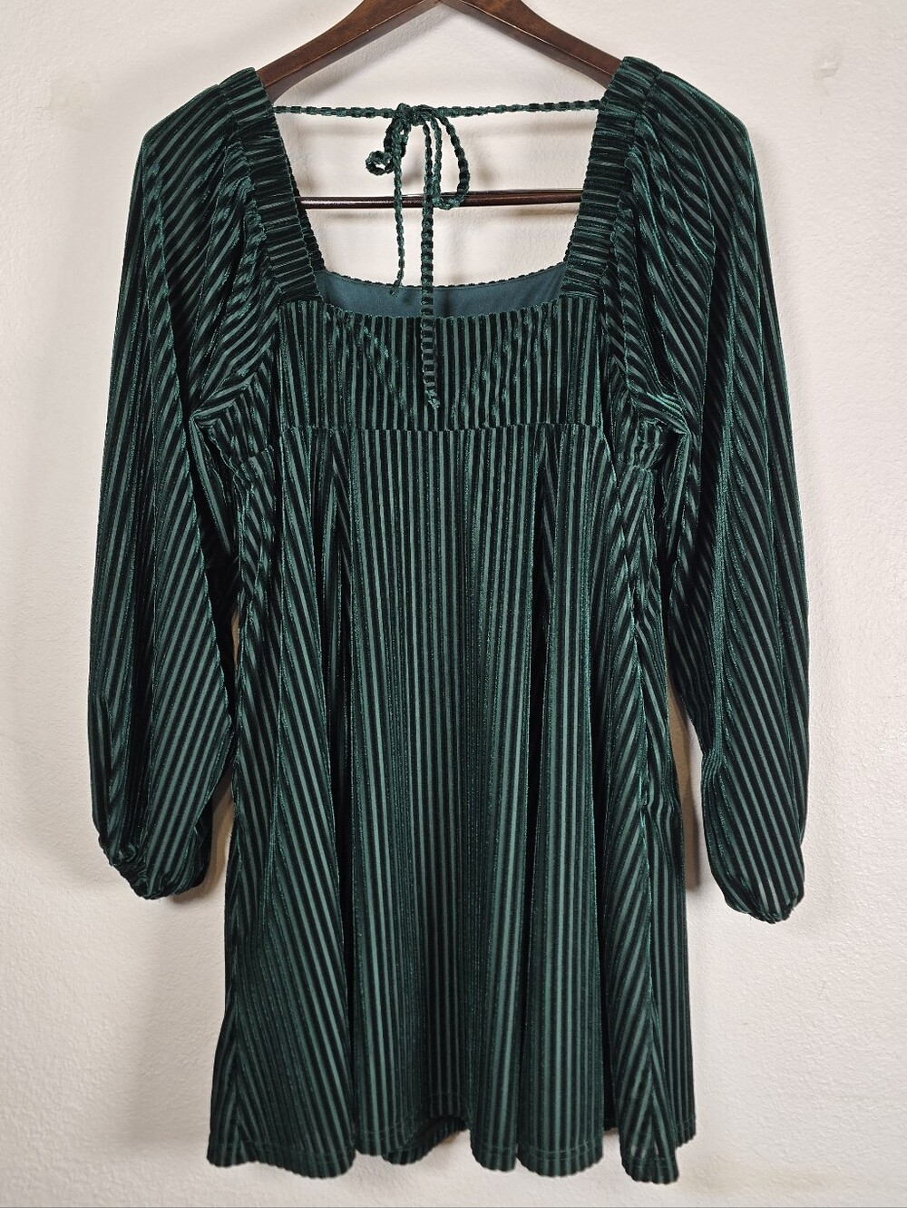 Emerald Green Ribbed Velvet Babydoll Dress M - Picture 3 of 9